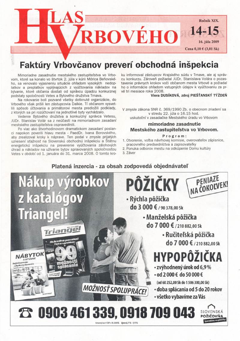 Hlas Vrbového 14,15/2009, strana 1