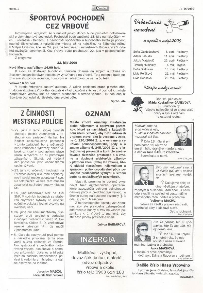 Hlas Vrbového 14,15/2009, strana 3